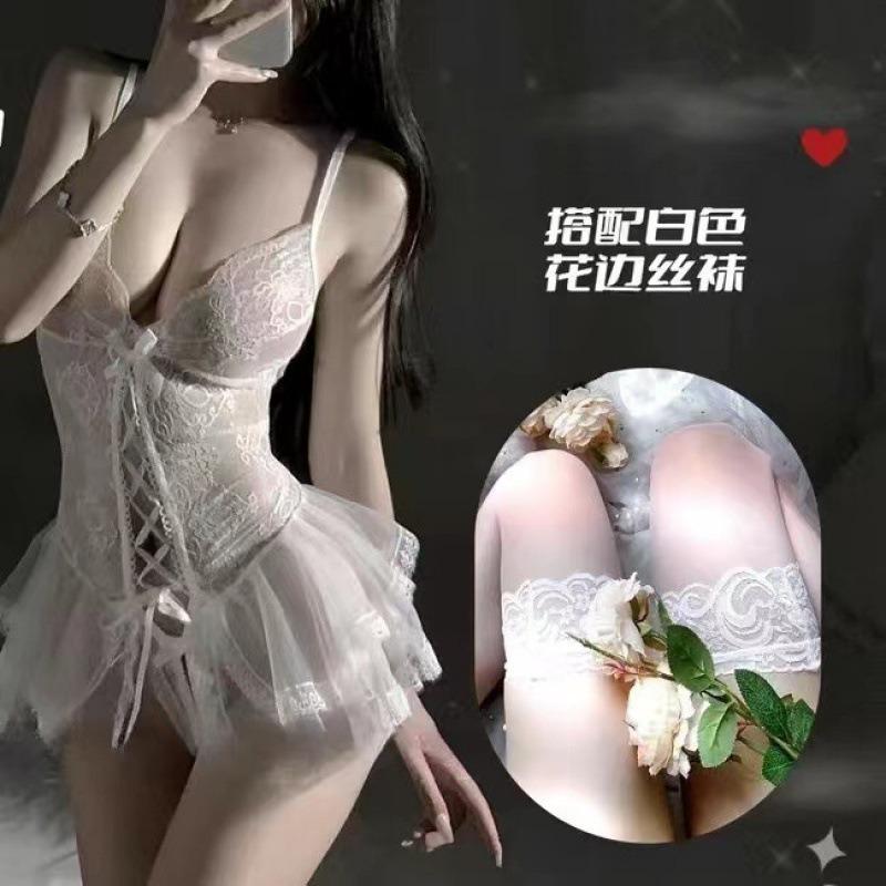 Smoke Sexy Underwear Sexy Suspender Lace Temptation Onesie Skirt Open File Hollow Uniform Pajamas Mesh Nightdress