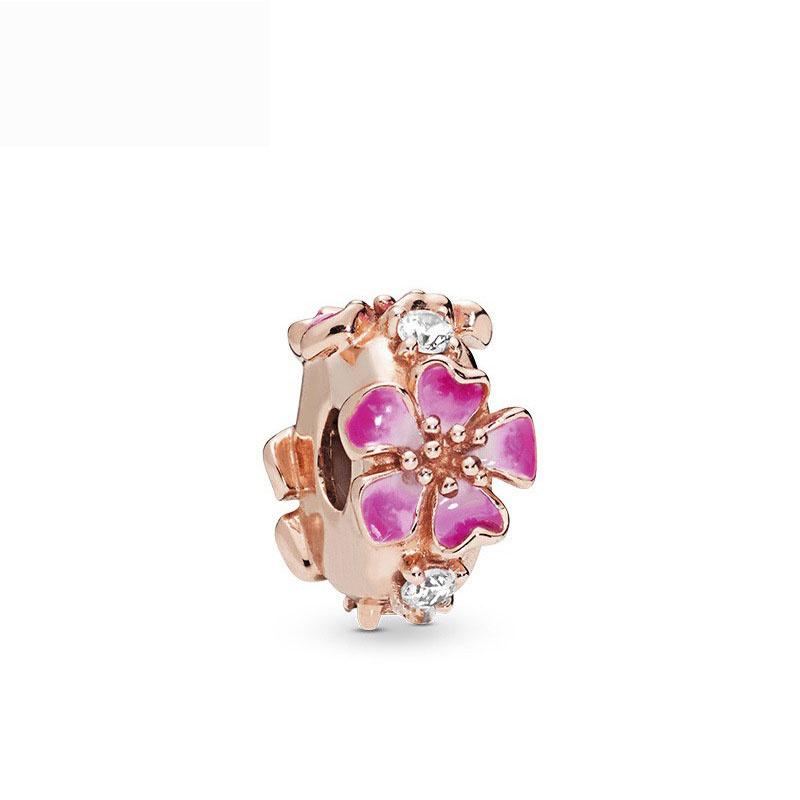Classic 925 Silver Pink Blue Flower Pendant Bead Decoration Suitable For Necklace Bracelet DIY Women's Jewelry