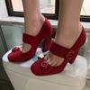 Fashion Retro Round Toe Mary Jane Women Pumps Solid Color Suede Shallow Thick Heel One-Strap Sandals 2025 Summer New Fashion Shoes 9Cm