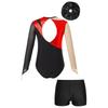 Girls Mesh Long Sleeve Keyhole Back Shiny Leotard V Front Waistband Shorts Gymnastic Performance Set Hair Band