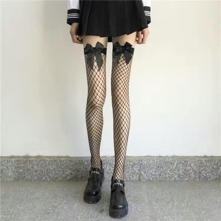 Sexy Overknee Long Socks Women Sweet Girls Lolita Bowknot Thigh High Fishnet Stockings Gothic Punk Lace Mesh Legging