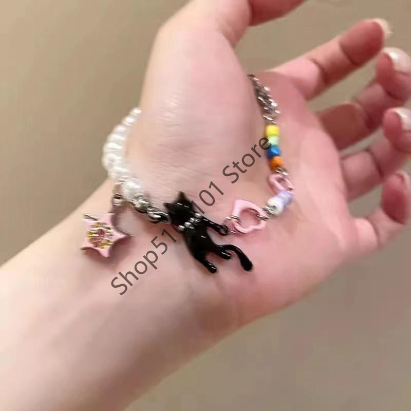 X6HE Unique Black Cats Star Pearls Bracelet Adjustable Length Y2K Inspired Pearls Charm Wrist Chain Jewelry For Teen Girls