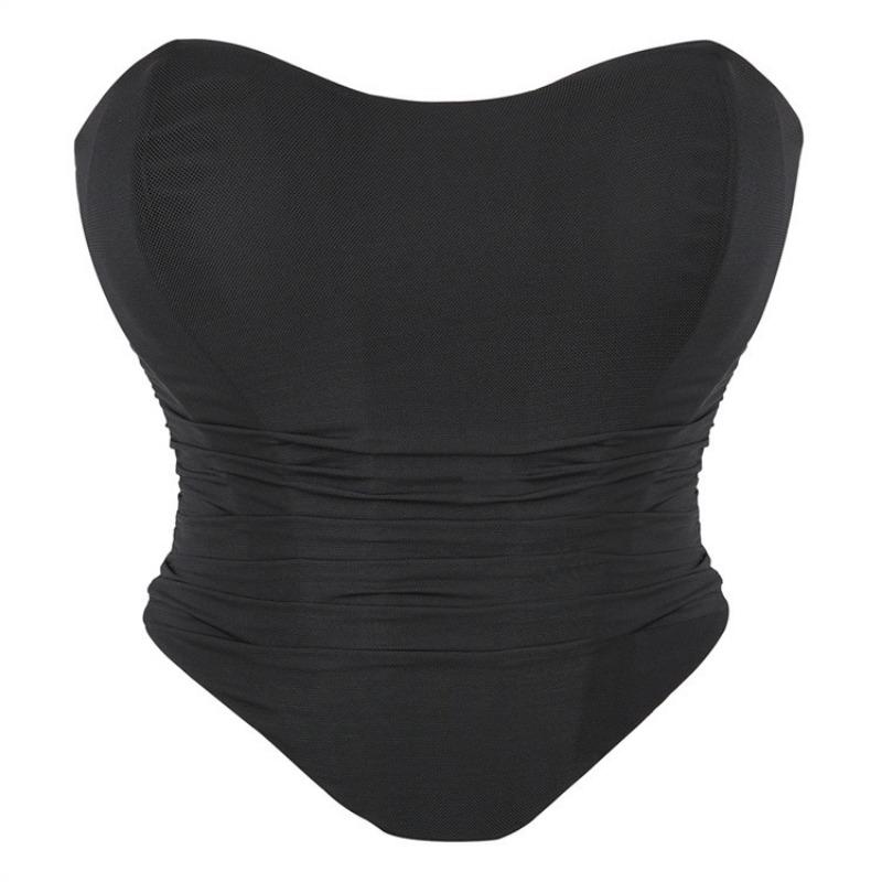 

Black Strapless Mesh Corset Top With Ruched Waist Cincher S чорний