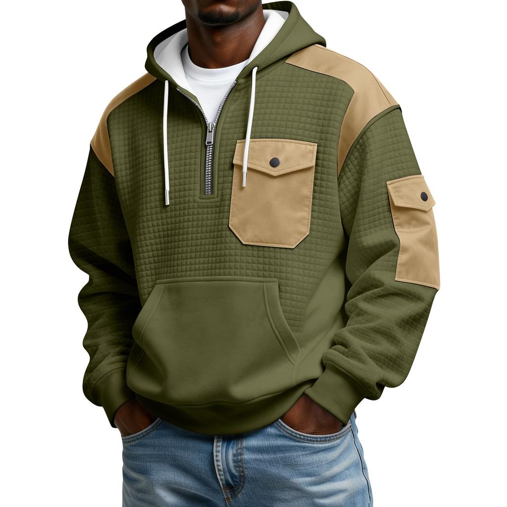 Men's Winter Color Blocked Button-Down Collar Multi-Pocket Hoodie Men's Sports Plus Size Casual Sweatshirt