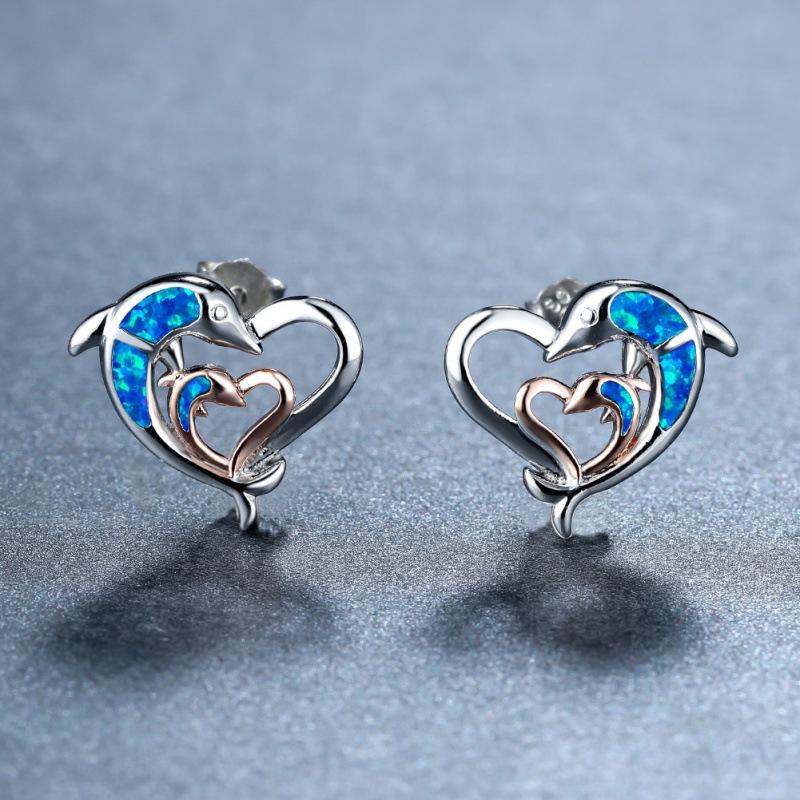Hot Sale Two-Color Silver Needle Heart-to-Heart Blue Opal Dolphin Earrings Female Cute Ring Personality