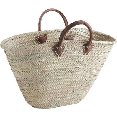 Tote Bag - Natural - Leather Handles - Palm Leaves - White - Woman