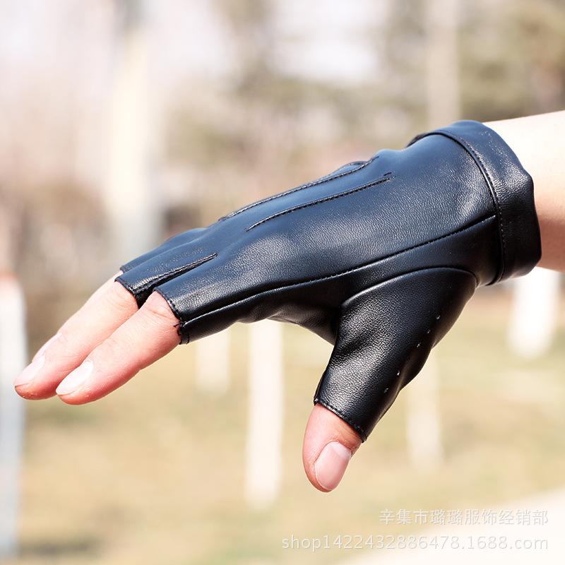 Leather half-finger gloves mens driving hip-hop performance gloves womens four-season thin bare-finger cycling sports gloves