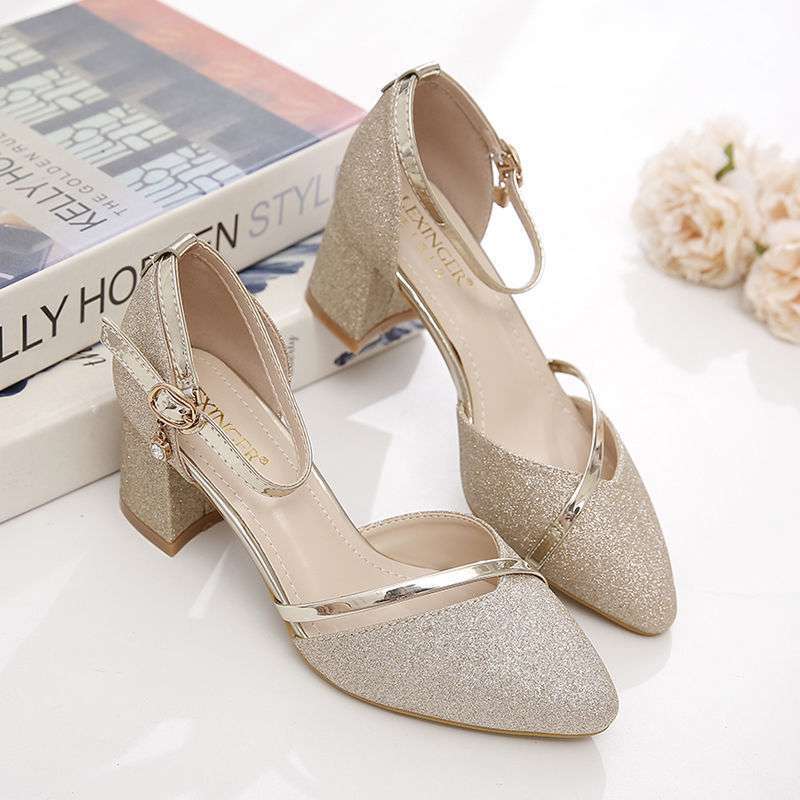 One-word Buckle High Heels Thick Heel Single Shoes Women's 2025 Spring and Autumn New Sequined Wedding Shoes Women's Versatile Single Shoes Bridesmaid