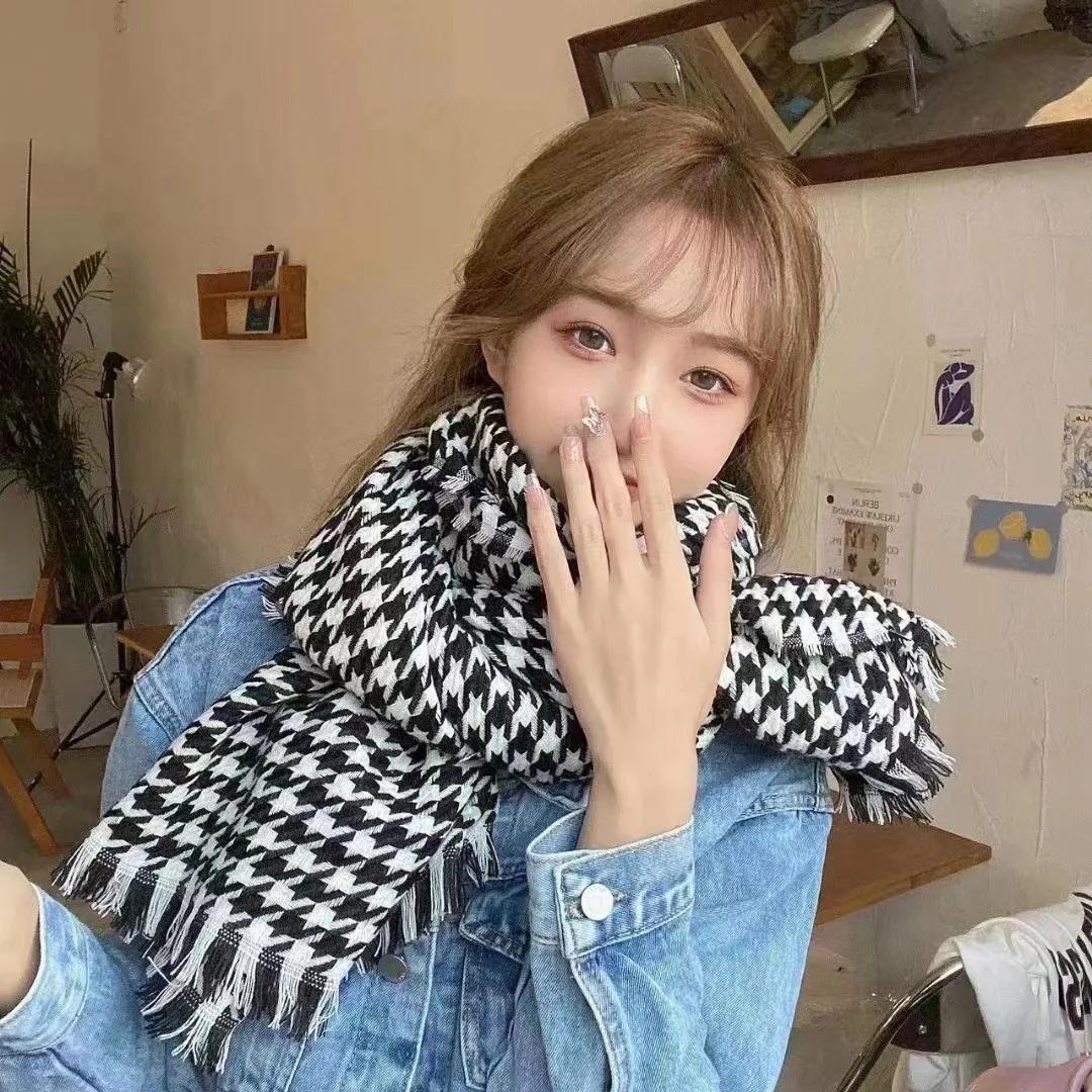 

Women Winter Scarves Houndstooth Pattern Cashmere Pashmina Scarf With Tassel Female Fashion Warm Neck Scarf Shawl Wraps One Size