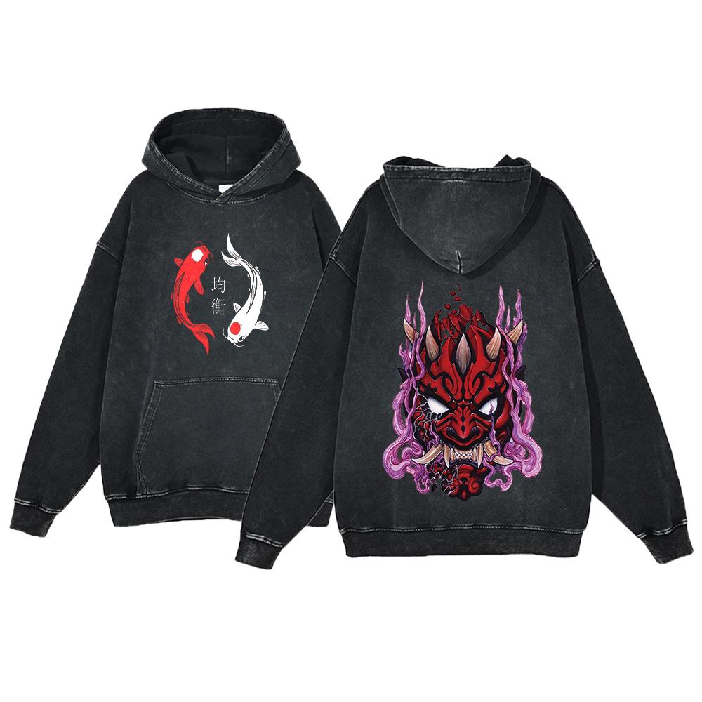 Y2K Anime Hoodie Ukiyoe Koi Fish Vintage Acid Wash Sweatshirt Men Hip Hop Hoodies Long Sleeve Oversized Pullover