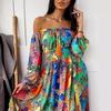 V-neck Vintage Long Sleeve Slit Dress with European & American Print