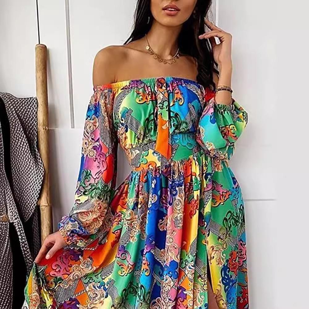 V-neck Vintage Long Sleeve Slit Dress with European & American Print