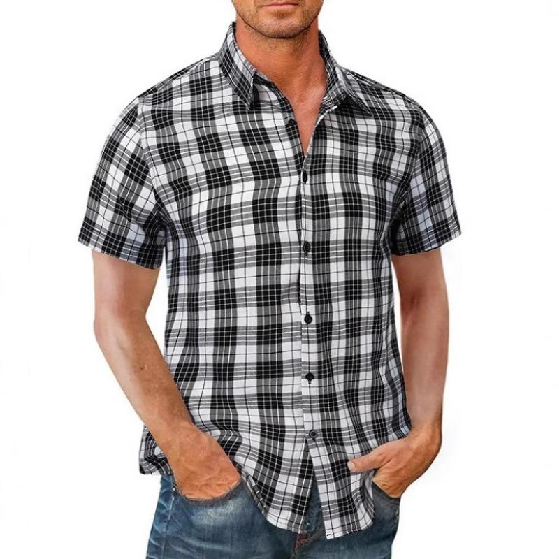 Men s Black and White Plaid Short Sleeve Button Down Casual Shirt S белый