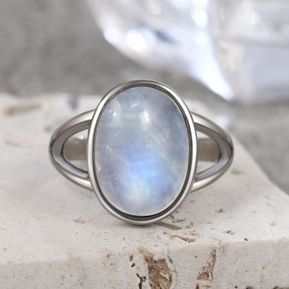 Sterling Silver Ring With Natural 10*14mm Moonstone Rings Oval Large Stone Vintage Fine Jewelry for Women Men