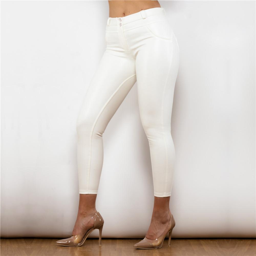 Shascullfites Melody White PU Leather Pants for Women Elastic Leggings Skinny Stretchy Casual Bum Lift Pencil Pant Warm Winter