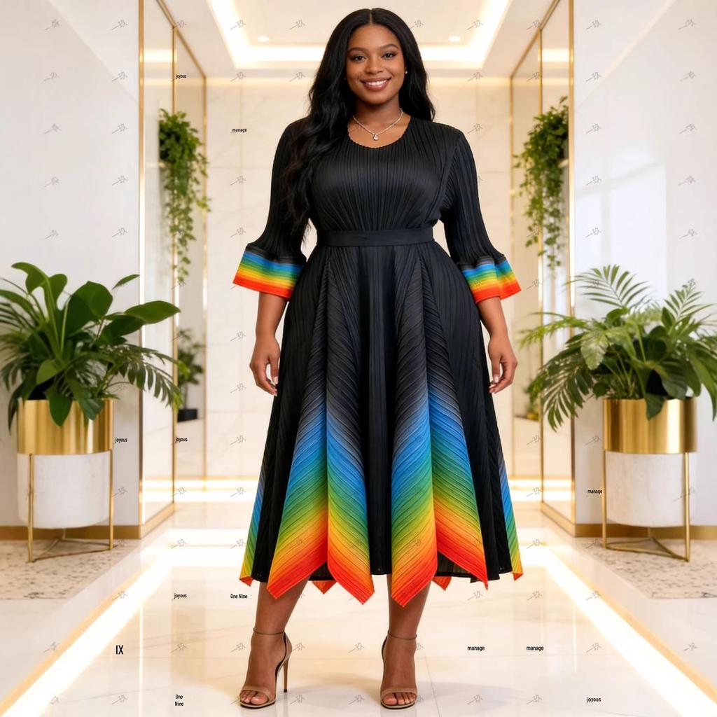 Miyake Plus Size Elegant Gradient Pleated Dress for Women - European & African Style