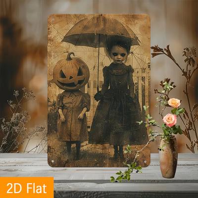 1PC Girls with Pumpkins & Umbrella - Flat Gothic Decoration for Living Room, Outdoor Hanging Sign - Halloween Home Decoration