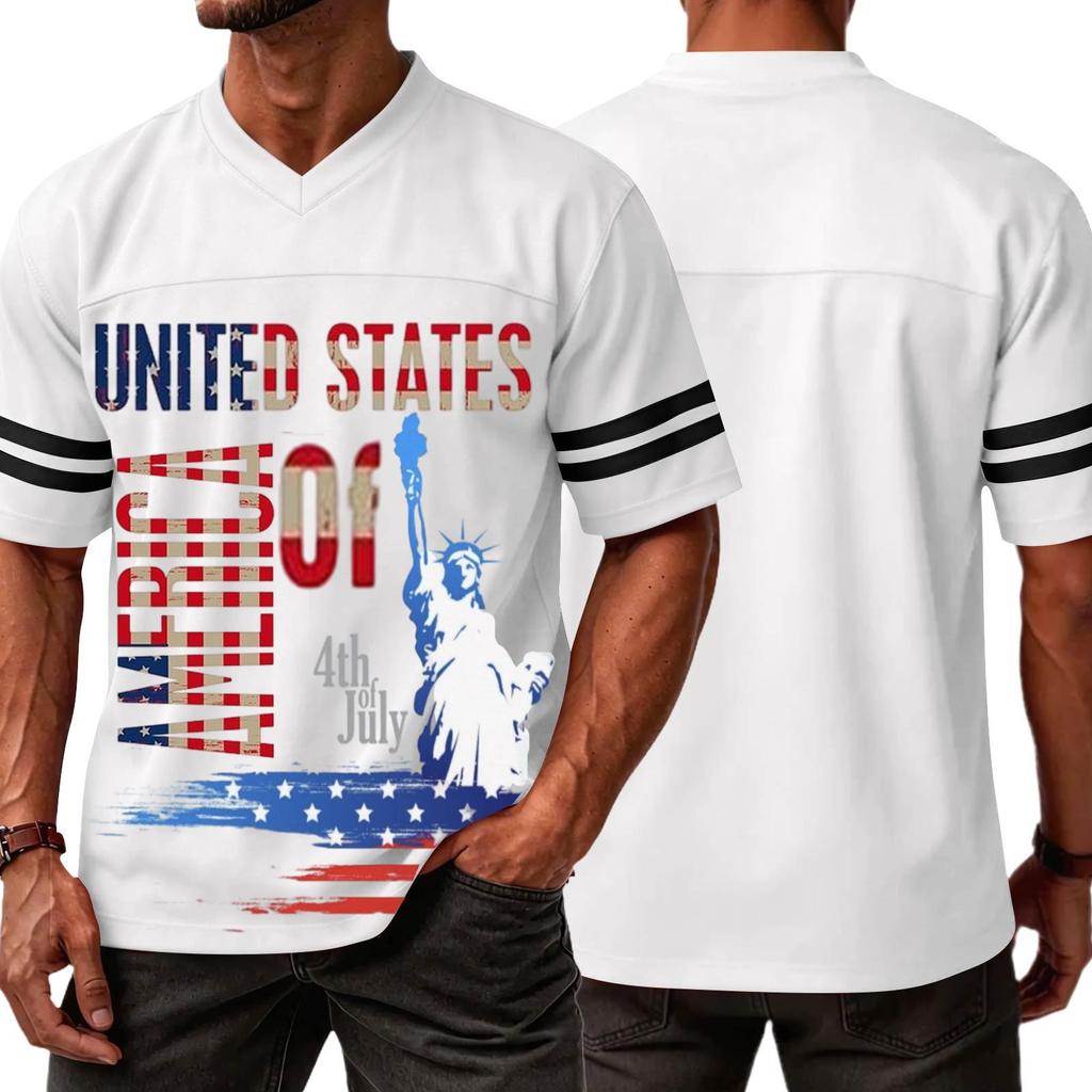 Men's Casual V Neck Short Sleeve Sports Shirt with Graphic Print Independent Day Themed Lightweight Athletic Tee for Outdoor and Everyday Wear