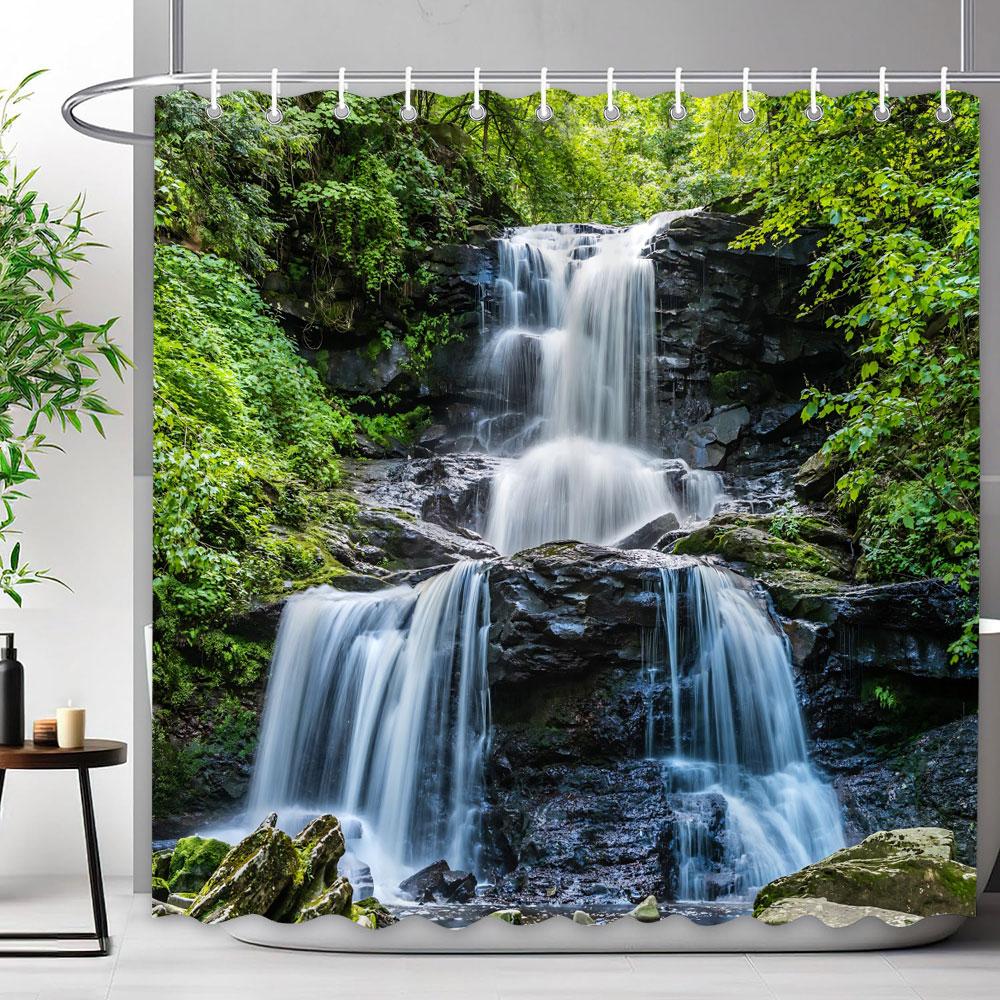 Waldwasserfall Duschvorhang Außen Naturlandschaft Üppige Wälder Grüne Pflanzen Blumig Polyester Duschvorhänge Badezimmer Dekoration