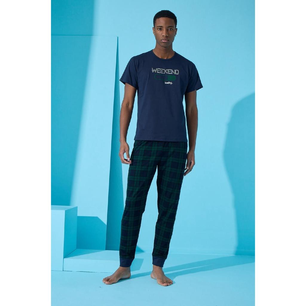 Marineblaues kurzärmliges Herren-Pyjama-Set mit Wochenend-Print