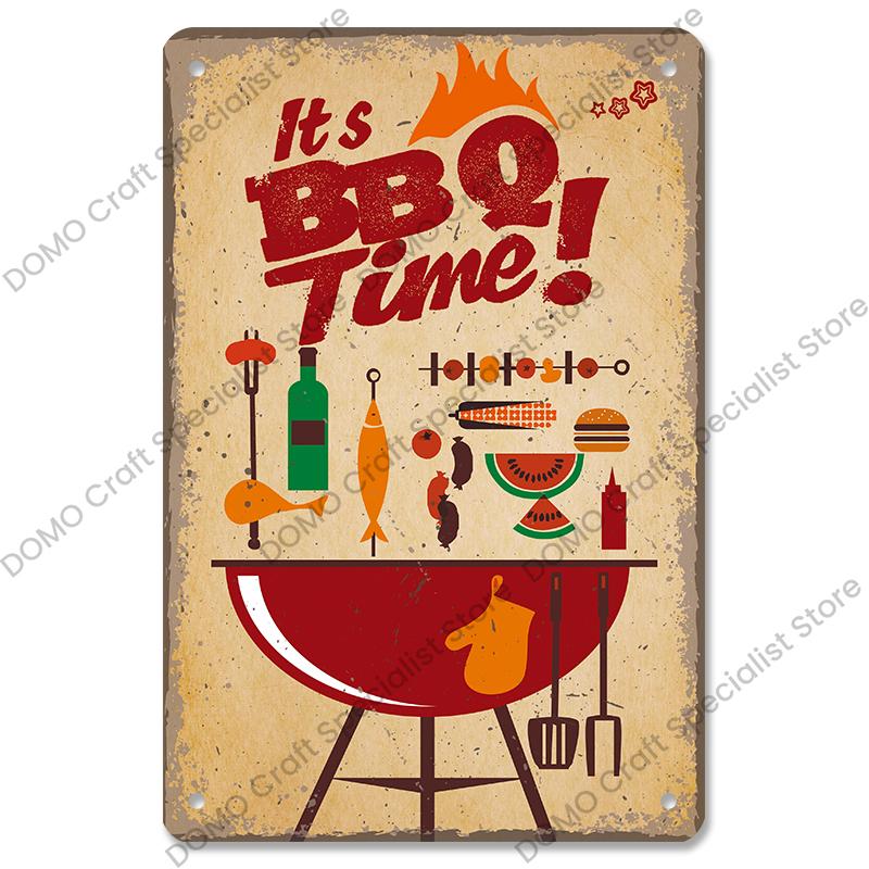 Vintage Barbecue Plaques Metal Tin Signs Grill Meat Steak Sausage Retro Metal Plate Wall Decor BBQ Party Shop Dining Room