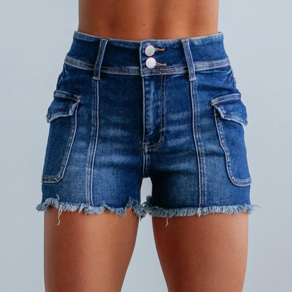 Women s High Waist Cargo Denim Shorts Double Button Frayed Hem Summer Jean Shorts XXL