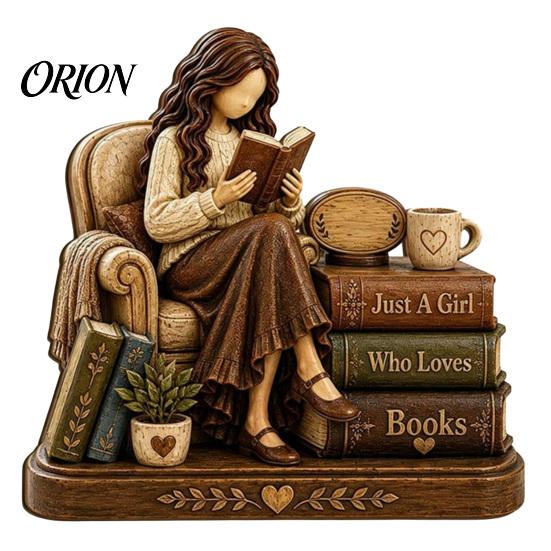 Detailed Wooden Craftsmanship 2D Flat Reading Girl Figurine with Stacked Book Design for Lovers, Small Ornament Bedside Table Decorative Tabletop