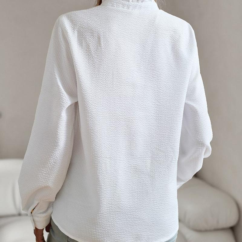 Europäische und amerikanische Damen Herbst 2025 neues gestreiftes Rüschen-Stehkragen Langarm-Blusenshirt Mode Pendler Alleskönner