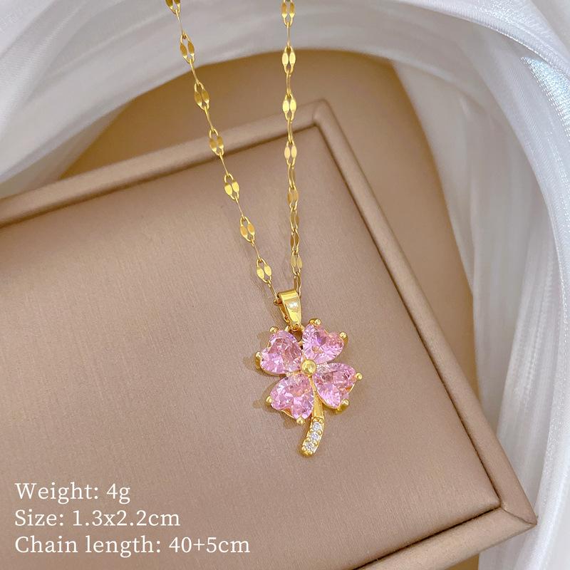 Simple Lucky Colorful Zircon Clover Pendant Necklace for Women Girls Stainless Steel Chain Jewelry Gold Color Accessories Gifts