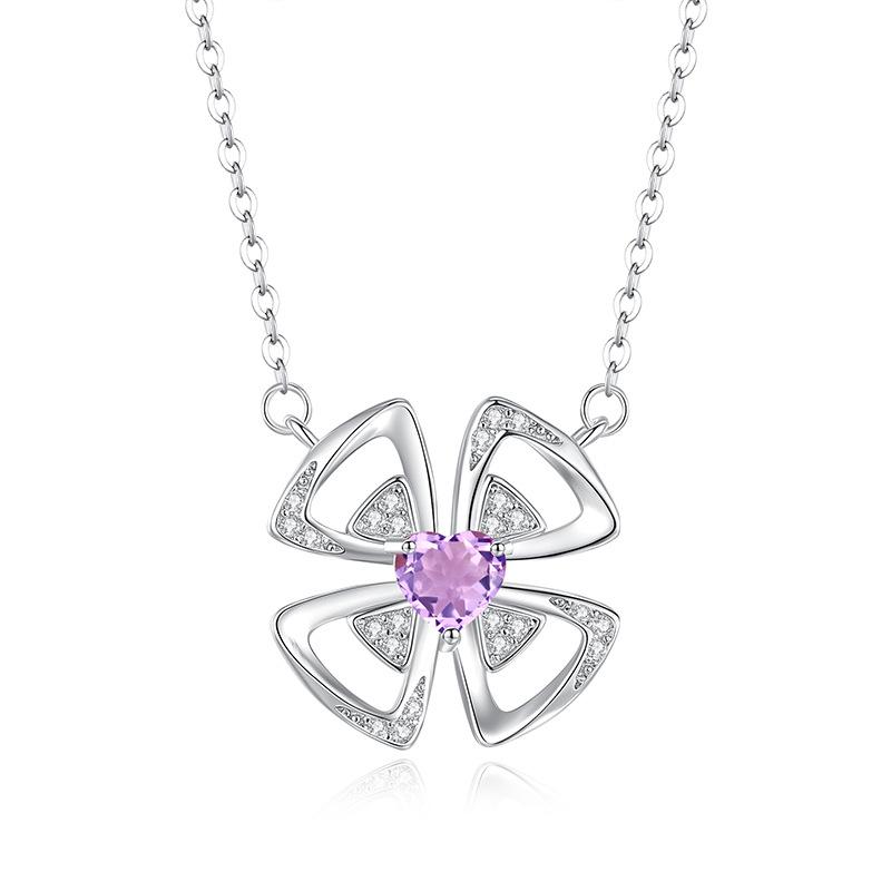 

925 Sterling Silver Windmill Clover Necklace, Natural Amethyst Crystal Pendant, Cute Trendy Jewelry Gift for Women Girls 925 silver