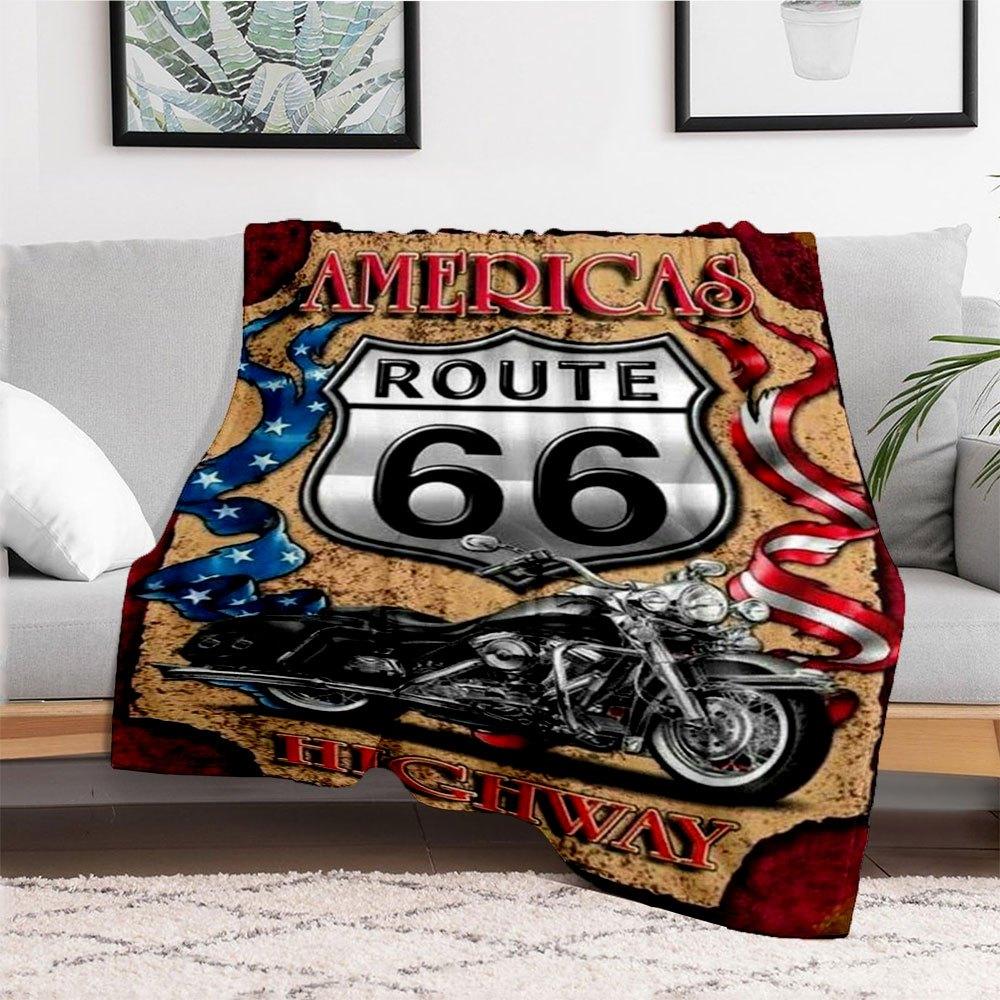 Route 66 Motorcycle Tin Sign USA Flag Decor Metal Poster Wall Art Gift 8x10inBlanket Flannel Throw Blanket for Sofa, Bed, Travel, Camping, O