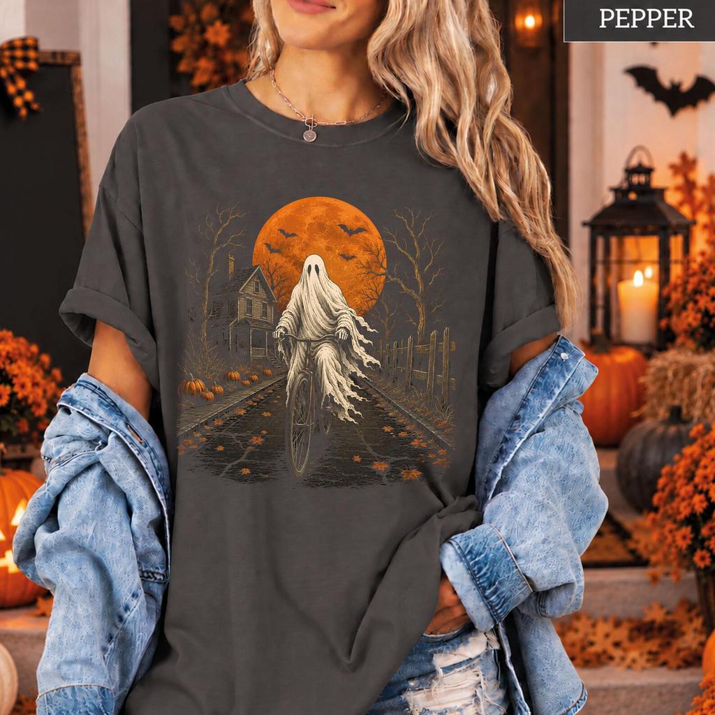 Comfort Colors® Ghost Riding Bicycle Shirt, Vintage Halloween T-Shirt, Spooky Ghost Tee