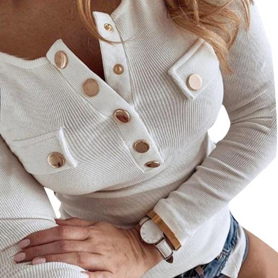 Sexy Women Long Sleeve Solid Color Buttons Ribbed Slim Plus Size Low-cut Blouse