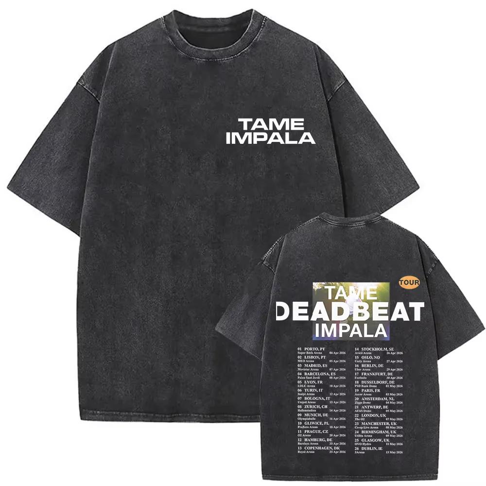 Tame Impala Tour Album Vintage Washed Tshirt Mens Hip Hop Gothic Tshirts Casual Oversized Short Sleeve T Shirt Streetwear