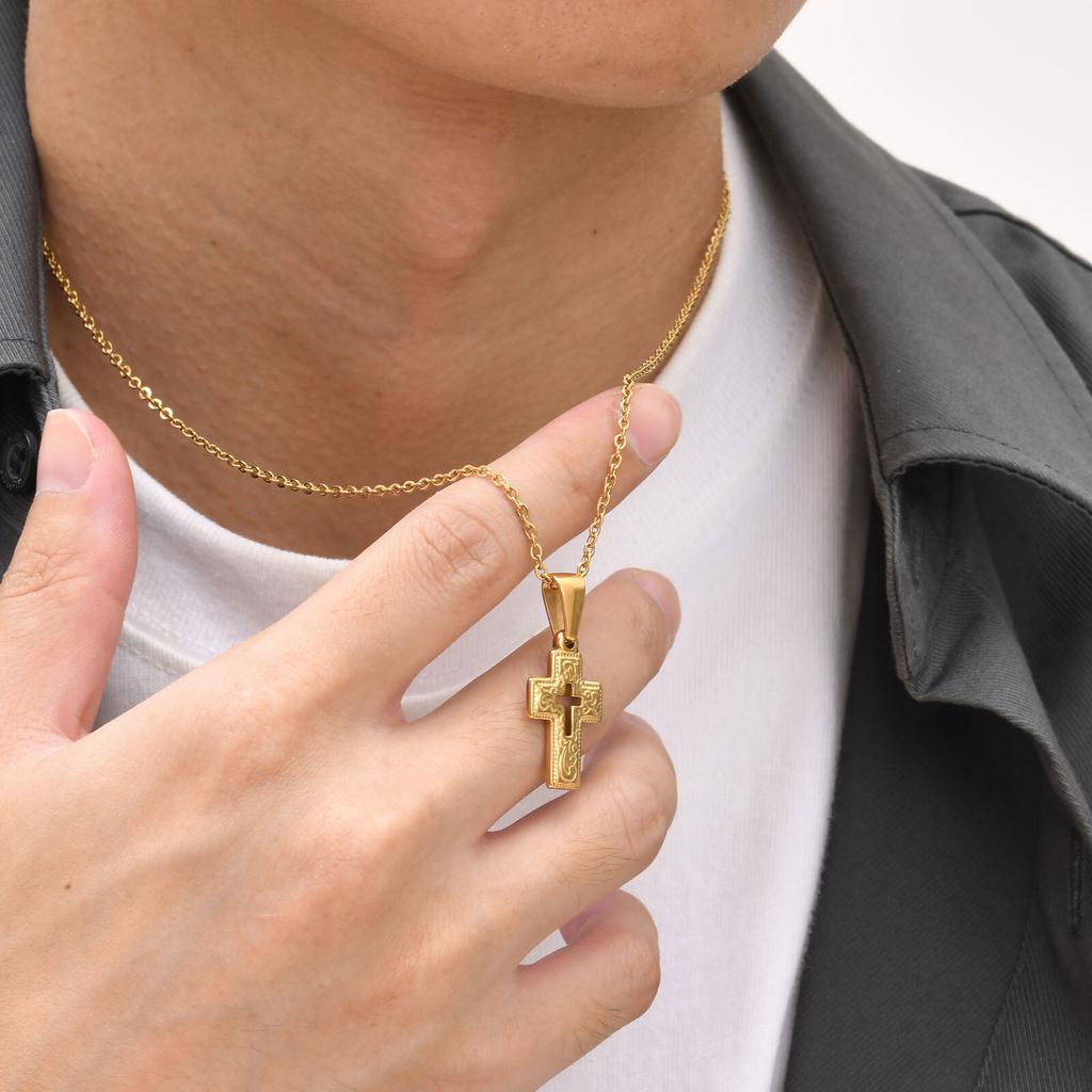 Gold Color Embossed Cross Necklaces for Men Women,Simple Cutout Unisex Catholic Cross Pendant,Christian Religious Jewelry Gifts