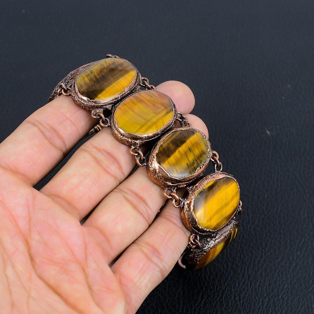 Tiger's Eye Copper Electroformed Bracelet Adjustable, Handmade Gemstone Jewelry, Gift For Mom Antique Jewelry