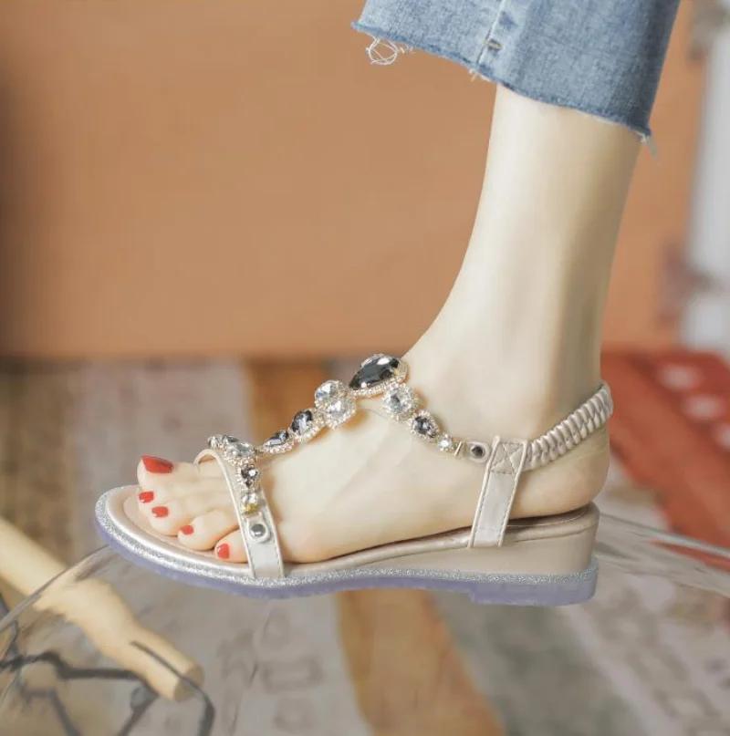 Fashion Flat Summer 2024 Women's Shoes Rhinestones Beach Footwear Sandals for Woman with Medium Heels Open Toe Wedges Heel Daily Korea F