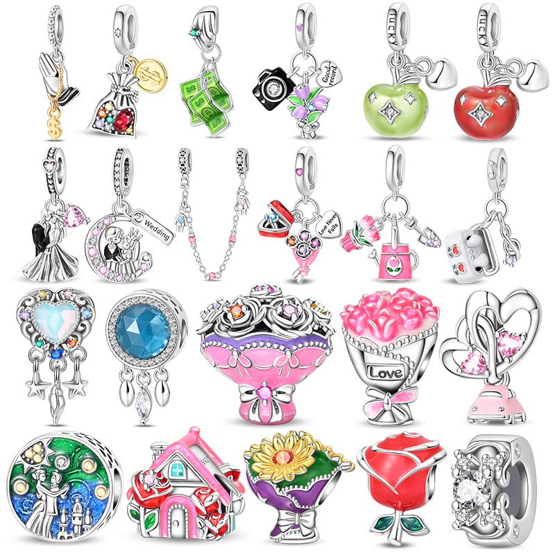 100%Stering Couple Flower House Charms Beads Apple Money Pendant Fit Original Bracelet Diy For Women Jewelry