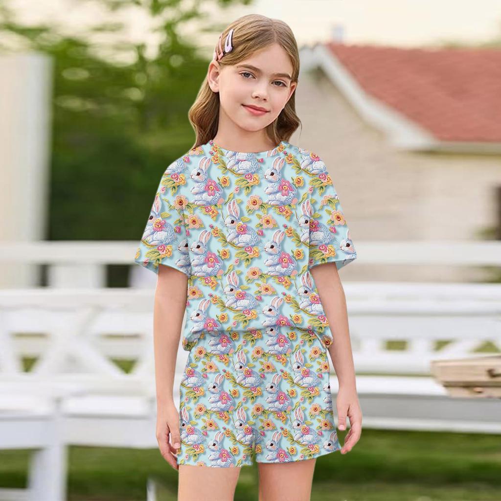 Kid Patriotic Outfit - Short Sleeve & Shorts 2-Piece Set For Girl Easter Day