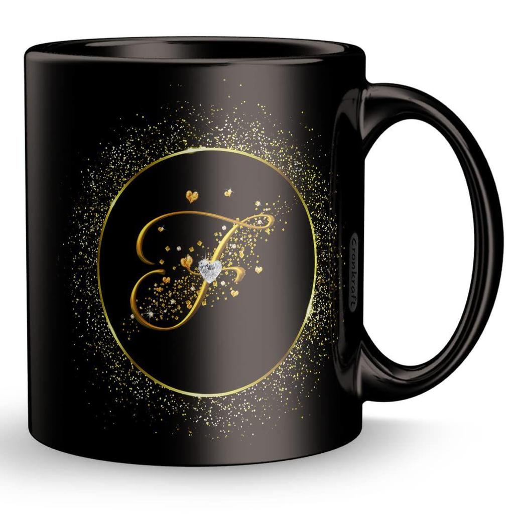 Golden Frame with F Alphabet Letter Printed Ceramic Mug 330 Ml + Keychain,Gift for Love,Birthday,Wife, Husband