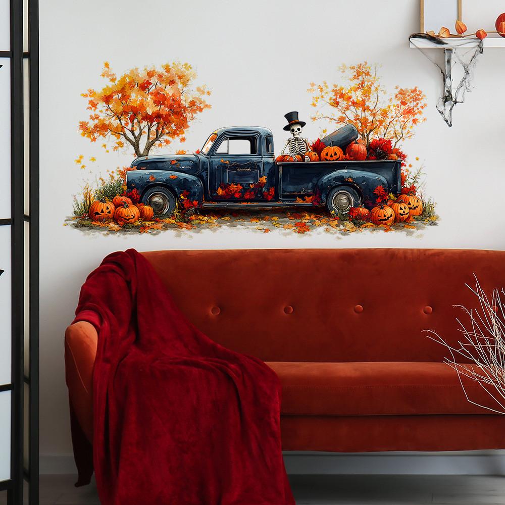 Halloween Motorcar Skeleton Pumpkin Wall Decal For Kitchen And Decor Entryway