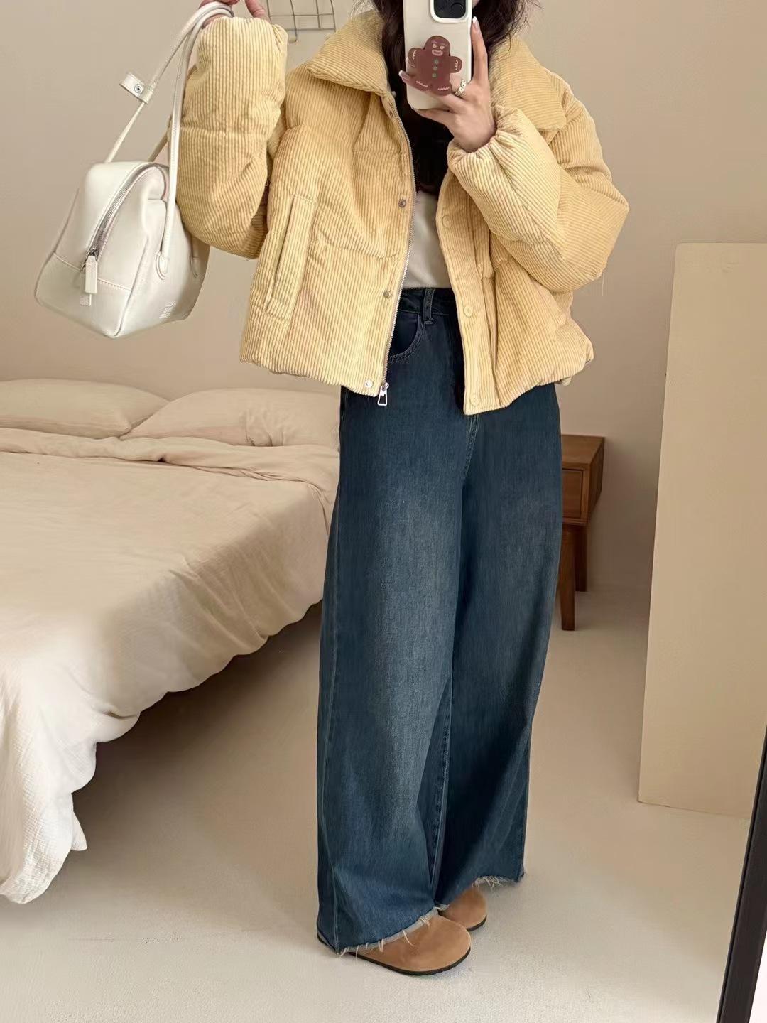 

Короткий вельветовый пуховик с цветочным принтом, женская осенне-зимняя новая утолщенная короткая свободная куртка average size 90-70 kg