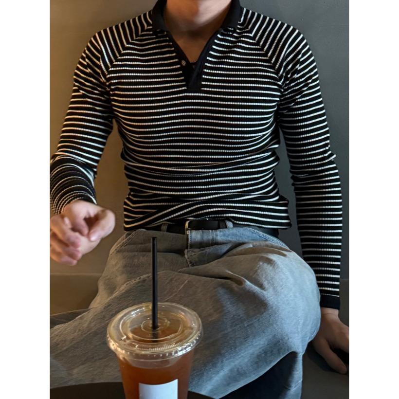 Men’s Ribbed Stripe Henley Polo Free Size (Ivory/ Gray/Black) Casual Knit Shirt
