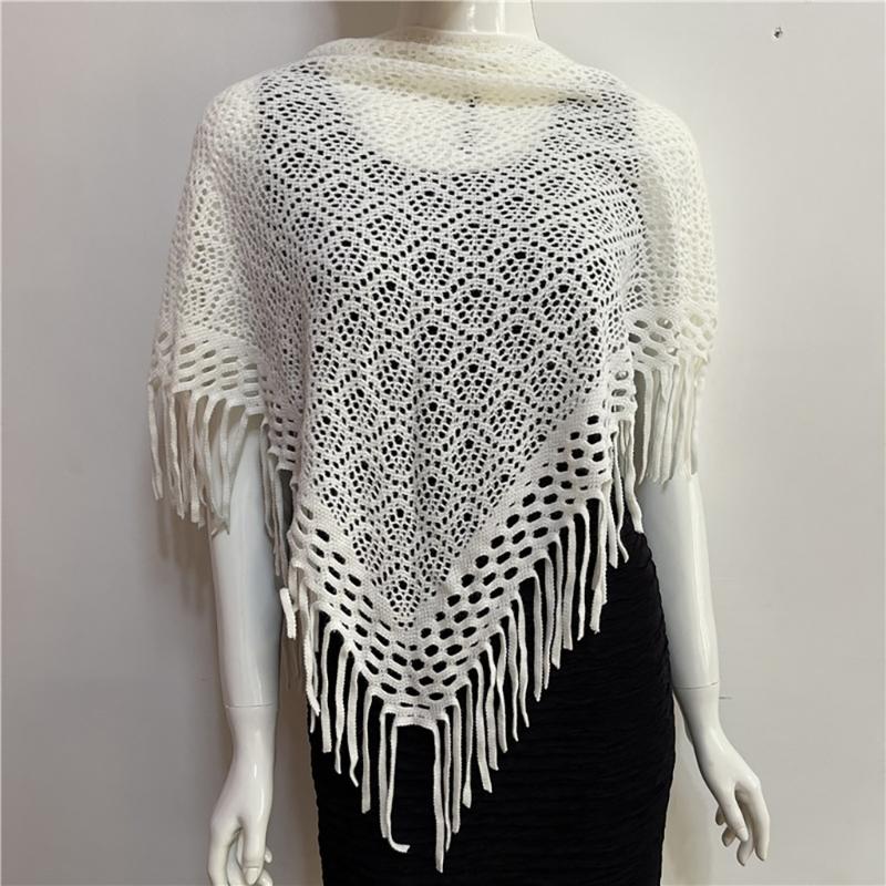Women's Hollowed Knitted Triangular Scarf Imitation Cashmeres Soft Winter Shawl Wrap Neckerchief Blanket with Fringes
