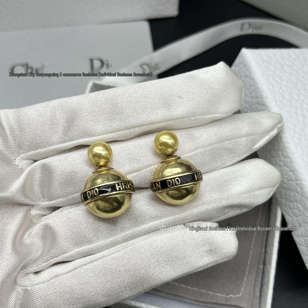 Retro Antik Gold Ovaler Ohrstecker mit Schwarzer Emaille und Perlen für Damen