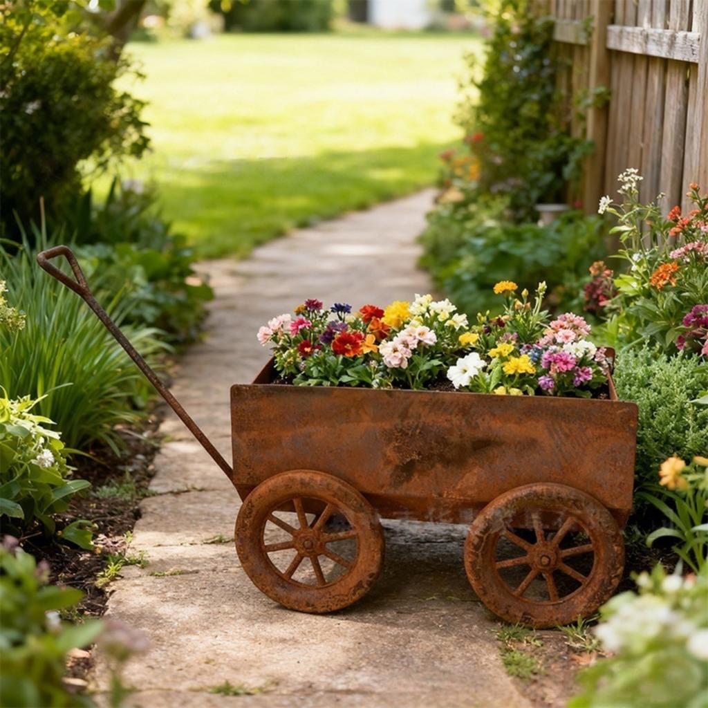 Gartendekoration: Kleiner Wagen mit Blumentopf