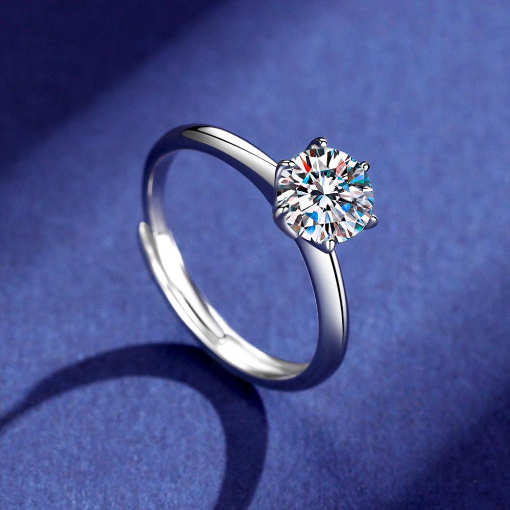 Elegant S925 Sterling Silver Moissanite Ring for Women - One Carat, Six-Prong Design, Light Luxury Fashion, Perfect Birthday Gift Adjustable Open