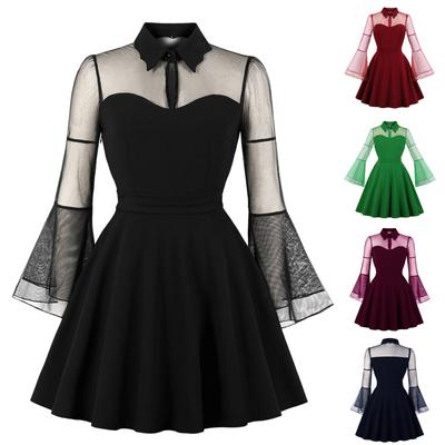 Women  Color Long Sleeve Retro Dress Gothic Flare Sleeve Stitching Dress