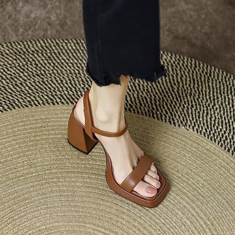 Summer simple word with open-toed square head thick heel sandals ankle wrap with commuter high heels