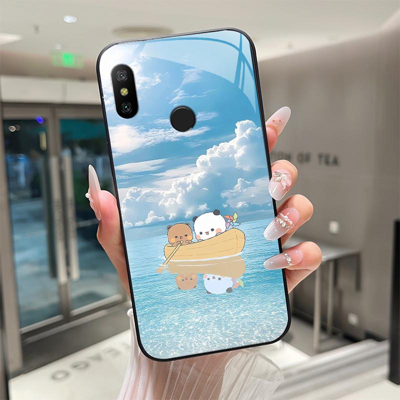 Beautiful Flower Cute Cartoon Cats Case For Xiaomi Mi A2 / Mi A2 Lite Tempered Glass Phone Case Protective Back Cover Hard Shell